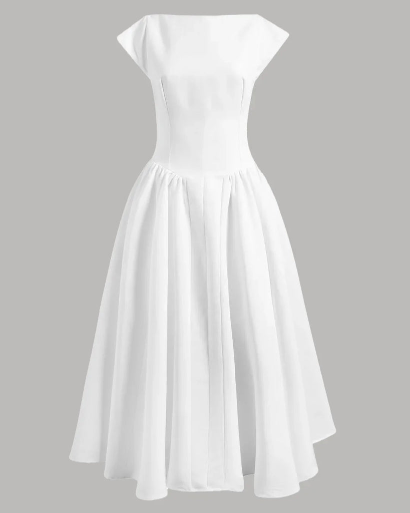 Cap Sleeve Fit & Flare A-Line Midi Dress in White - Image 1